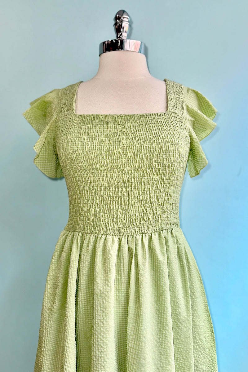 Lime Seersucker Flutter Sleeve Midi Dress