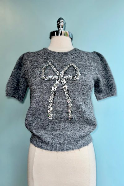 Sequin Bow Grey Short Sleeve Sweater by Molly Bracken – Modern Millie