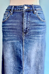 High Rise Back Slit Midi Denim Skirt by Risen Jeans