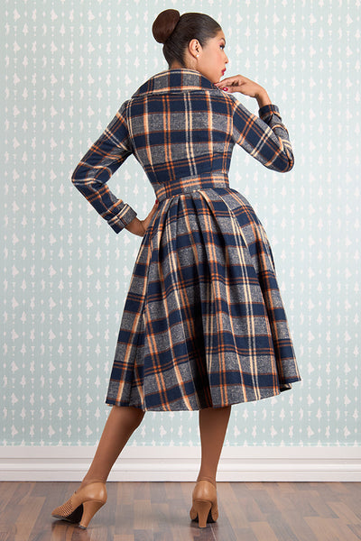 long plaid dress Plaid Wool Midi Dress - A-Line Silhouette with Pleated Skirt 5303