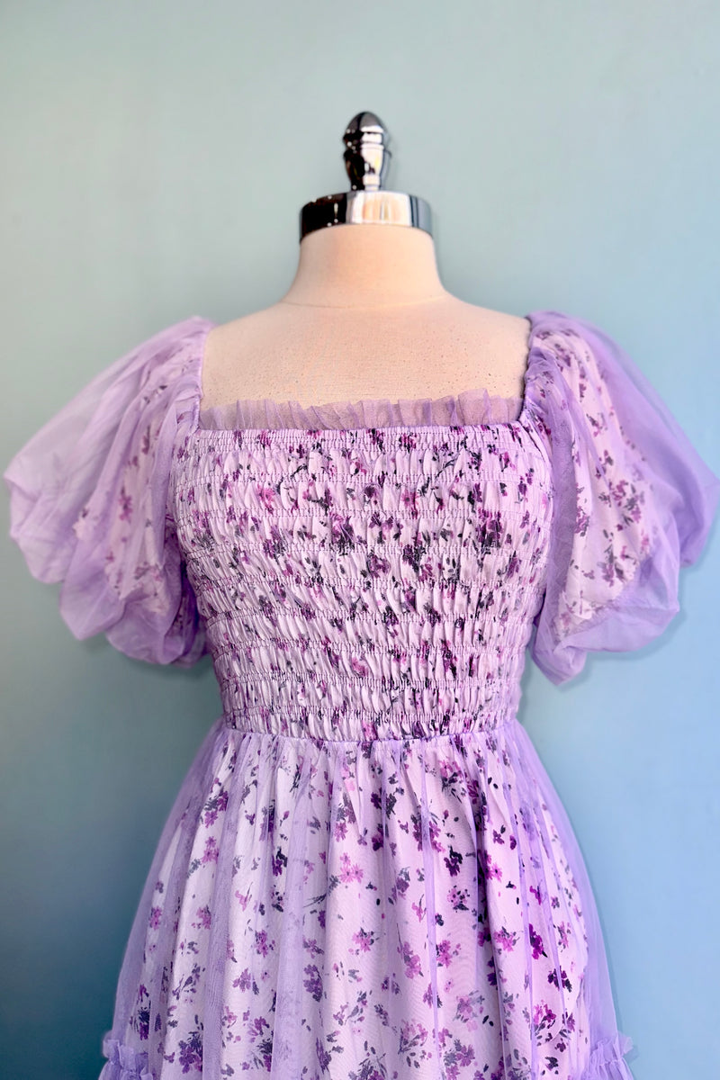 Lavender Mesh Overlay Floral Puff Sleeve Dress