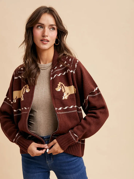 【THE MOZZ】[Premium] Whole garment cardigan hul setup Dachshund Zip Front Cardigan in Mocha – Modern Millie