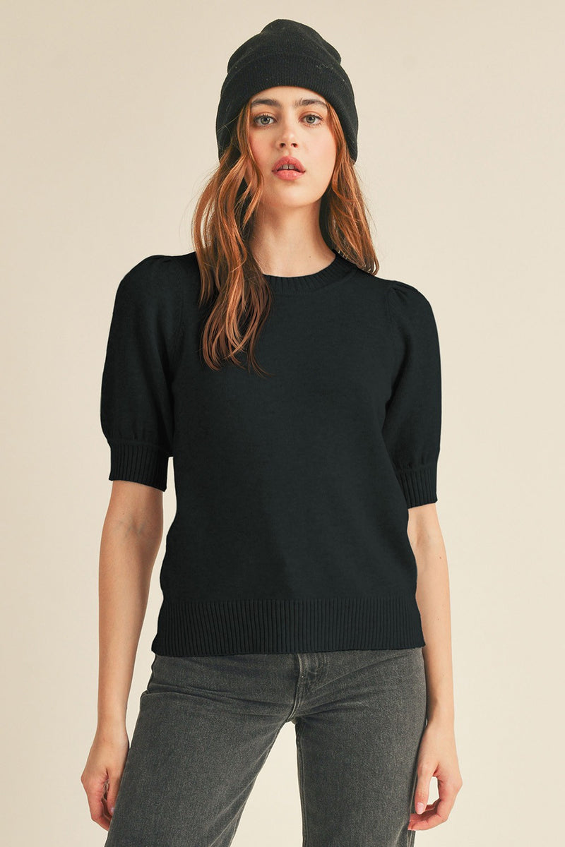Black Round Neck Short Sleeve Sweater