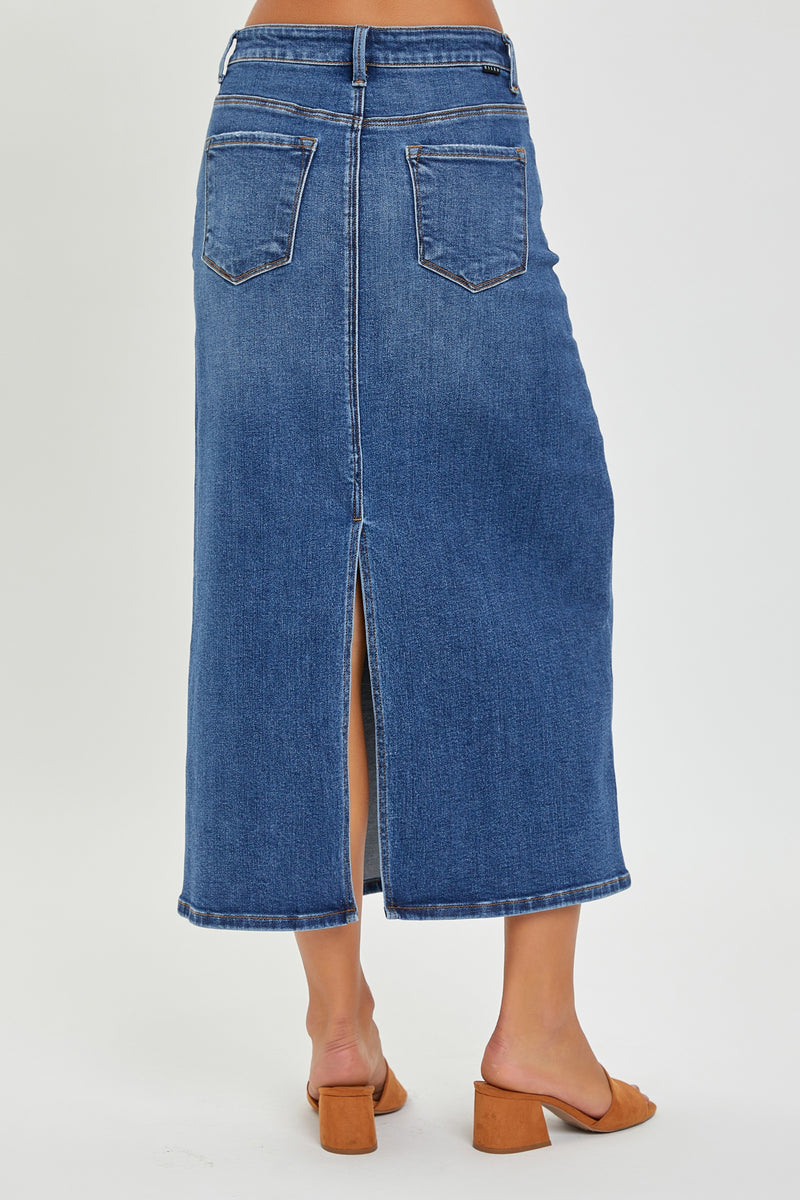 High Rise Back Slit Midi Denim Skirt by Risen Jeans