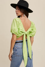 Puff Sleeve Back Tie Crop Top in Lime Green