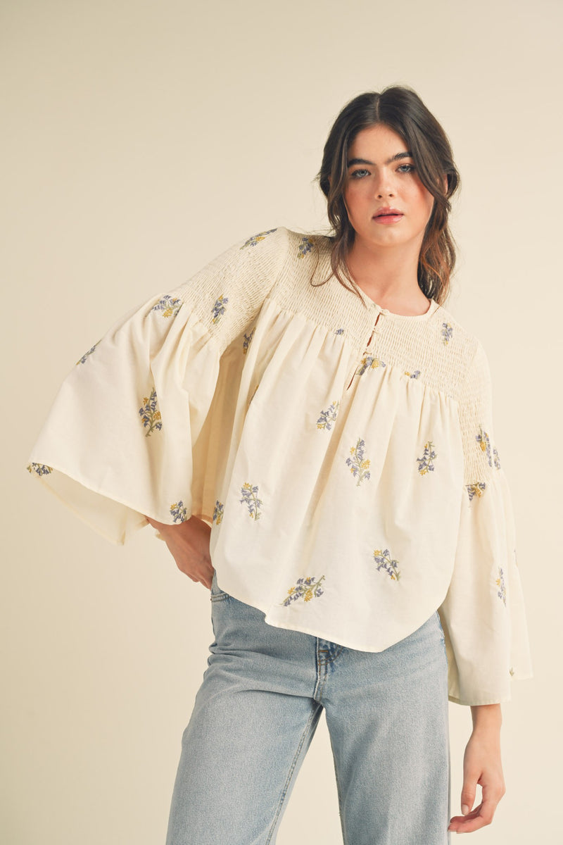 Ivory Embroidered Flare Sleeve Top