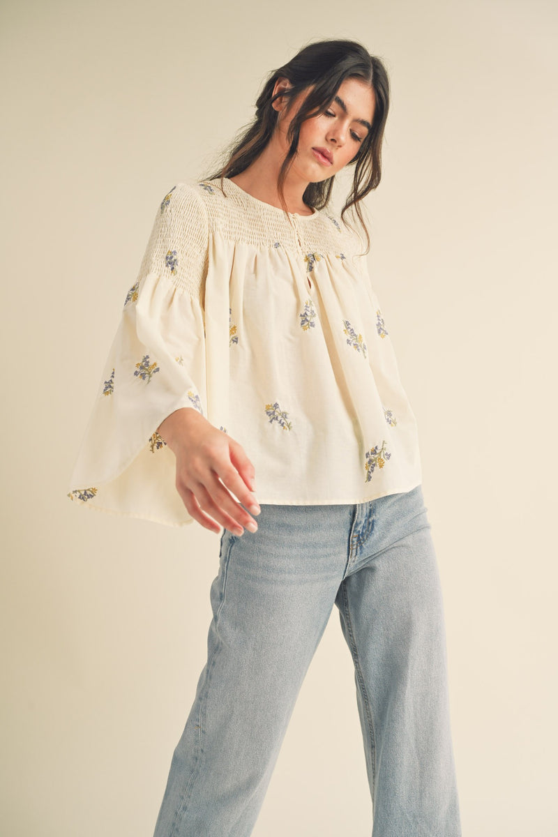 Ivory Embroidered Flare Sleeve Top