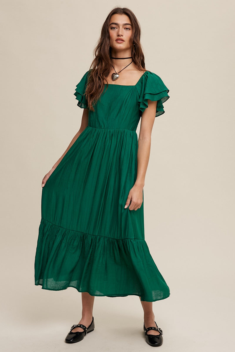 Emerald Green Square Neck Ruffle Maxi Dress