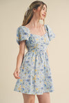 Blue Floral Short Sleeve Mini Dress