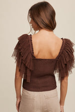 Tiered Ruffle Sleeve Smocked Square Neck Top in Chocolate Brown