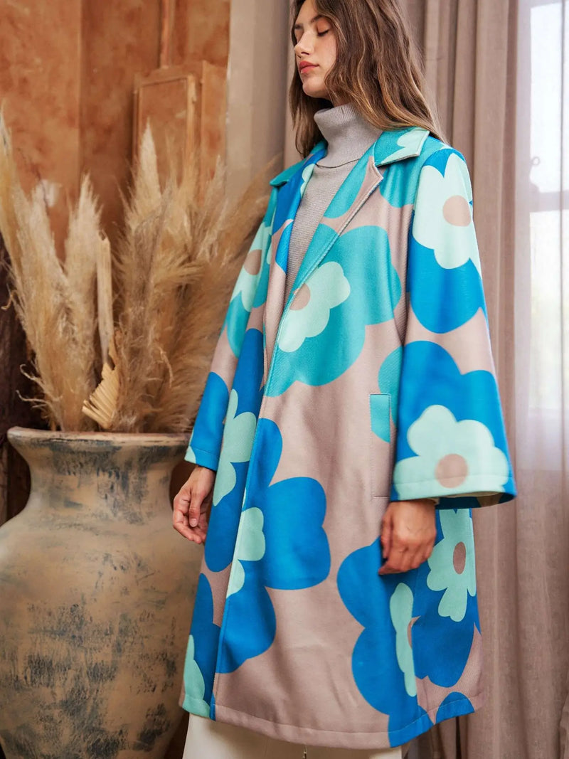 Tan Spring Coat with Large Blue Flowers