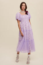 Lavender Mesh Overlay Floral Puff Sleeve Dress