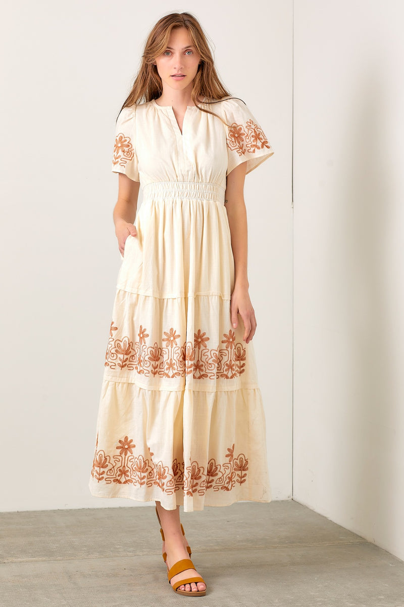 Short Sleeve Embroidered Midi Dress in Ivory