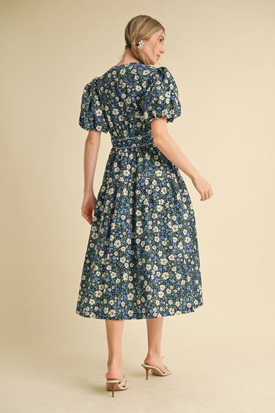 midi dresses puff sleeves Navy Floral Puff Sleeve Midi Dress Medium