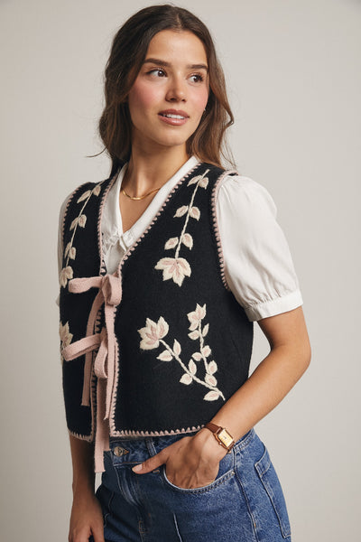 Black Floral Knit Tie Front Vest – Modern Millie