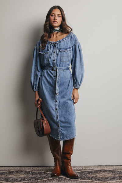 Off-the-Shoulder Belted Denim Midi Dress X-Large Off-the-Shoulder Belted Denim Midi Dress X-Large