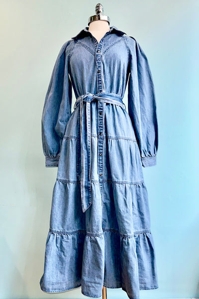 Denim Tiered Button Down Maxi Dress Small