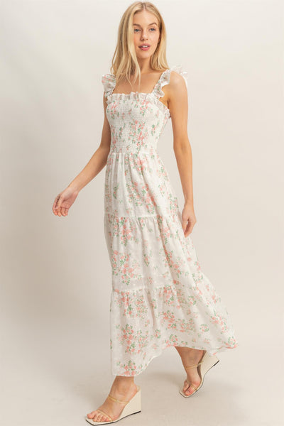 Pink Floral Eyelet Smocked Midi Dress Medium Pink Floral Eyelet Smocked Midi Dress Medium
