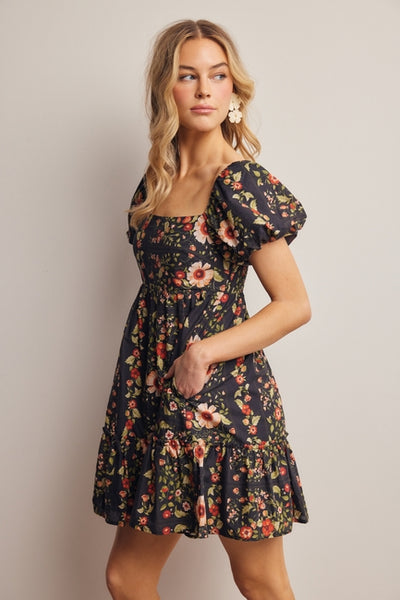 flowery mini dress Black Floral Puff Sleeve Mini Dress – Modern Millie