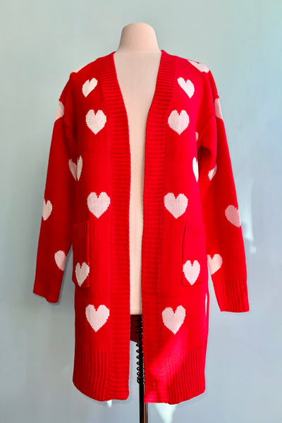 Red and White Heart Open Long Cardigan – Modern Millie