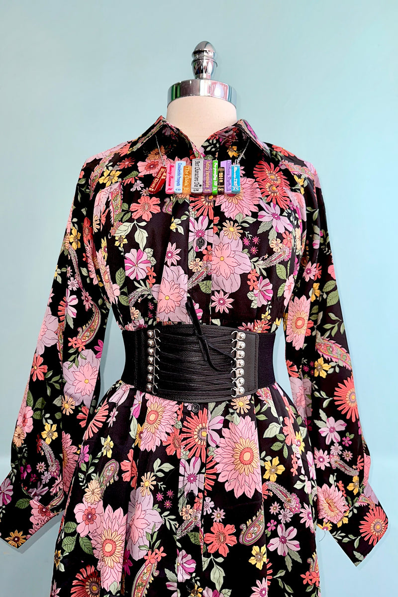 Final Sale Black Floral Satin Button Down Midi Dress