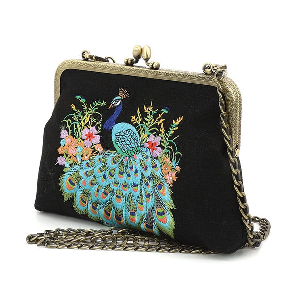 Peacock Embroidered Kisslock Bag in Black – Modern Millie display picture 3