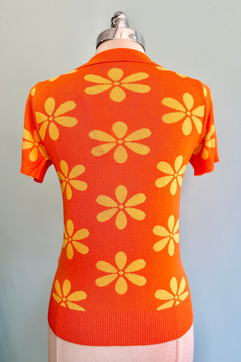 60's Orange Floral Knit Polo Top by Voodoo Vixen