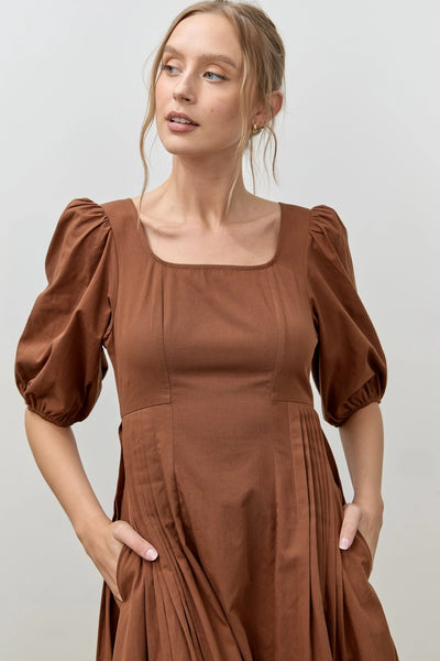 midi dress cotton combed Brown Cotton Bubble Sleeve Midi Dress – Modern Millie