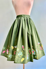 Bird House Border Print Full Skirt in Green