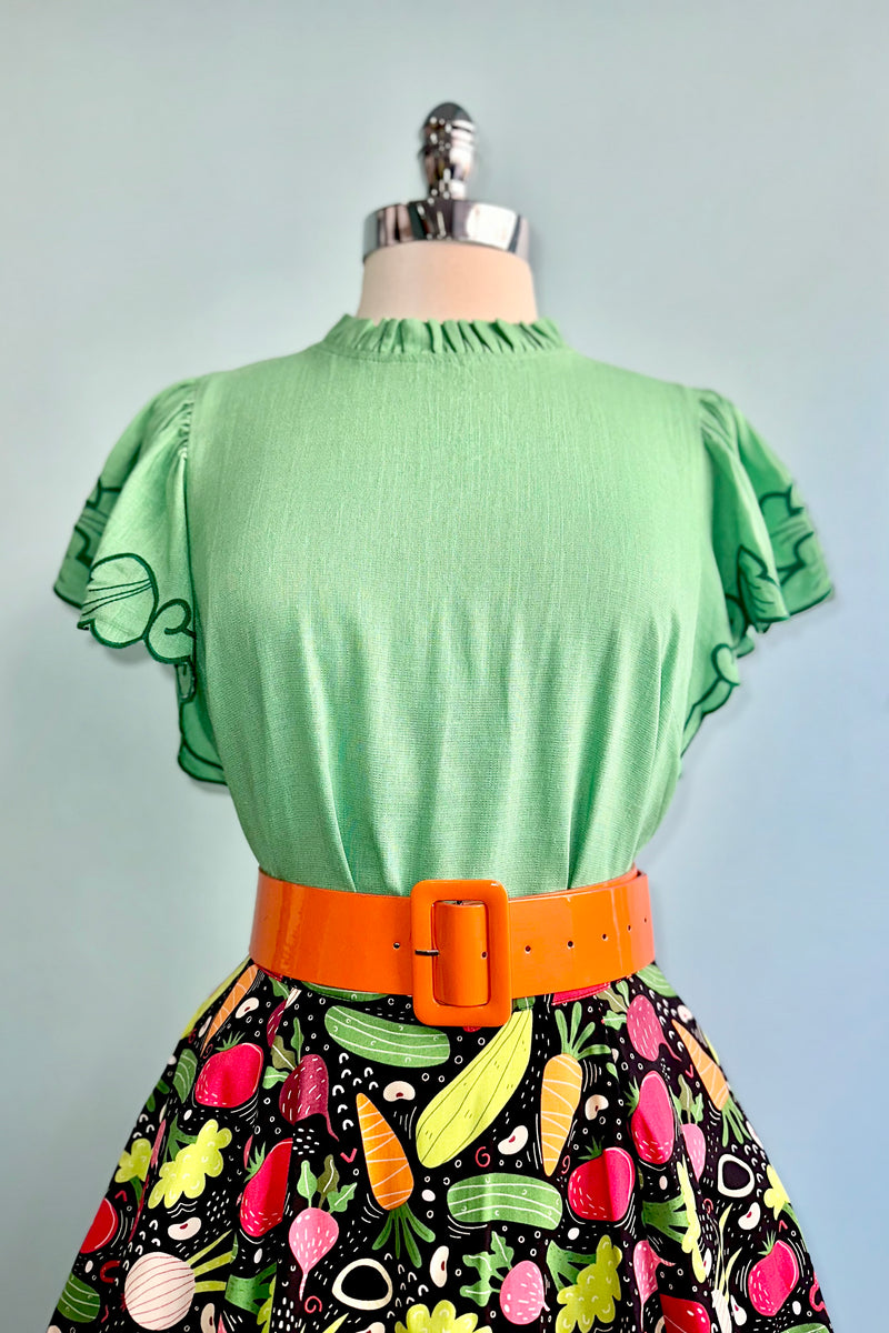 Green Ruffle Neck Embroidered Sleeve Top