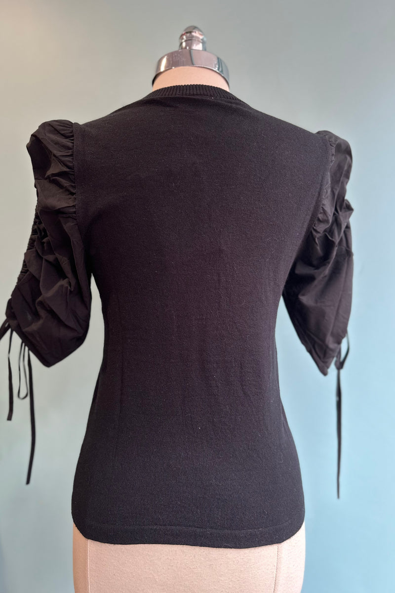 Black Ruched Tie Puff Sleeve Top