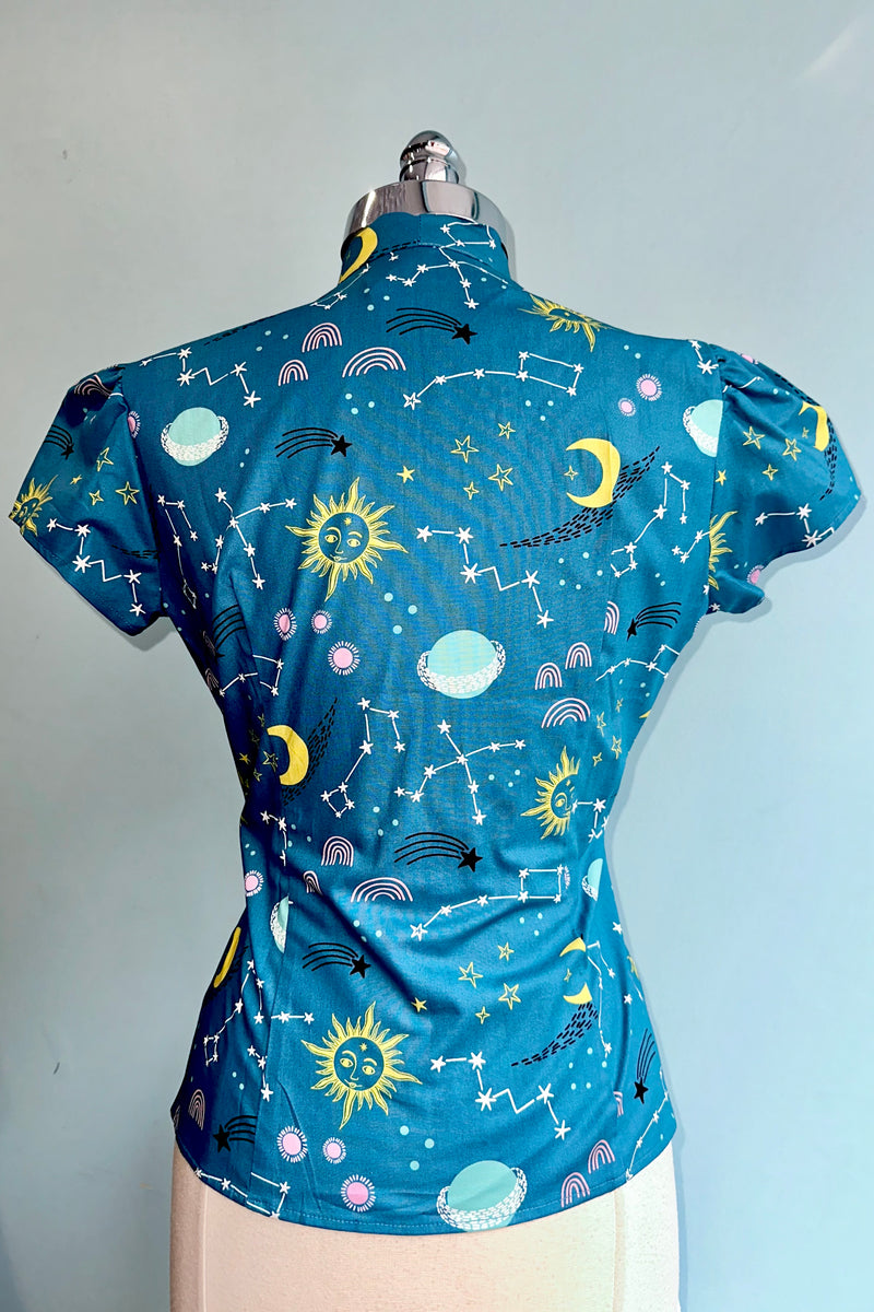 Teal Blue Constellations Estelle Tie-Neck Blouse by Heart of Haute