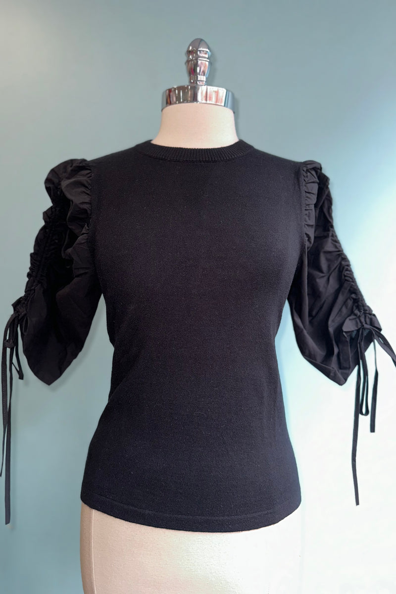 Black Ruched Tie Puff Sleeve Top