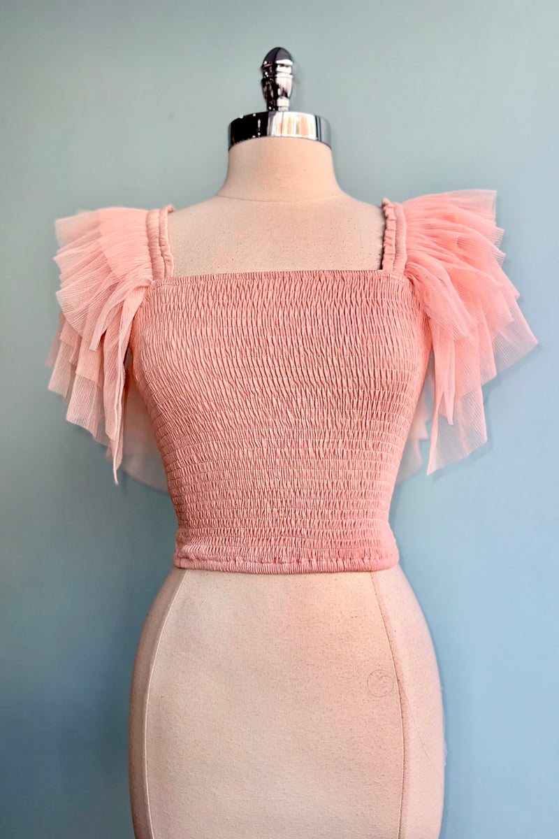 Tiered Ruffle Sleeve Smocked Square Neck Top in Blush