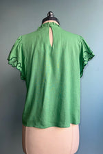 Green Ruffle Neck Embroidered Sleeve Top