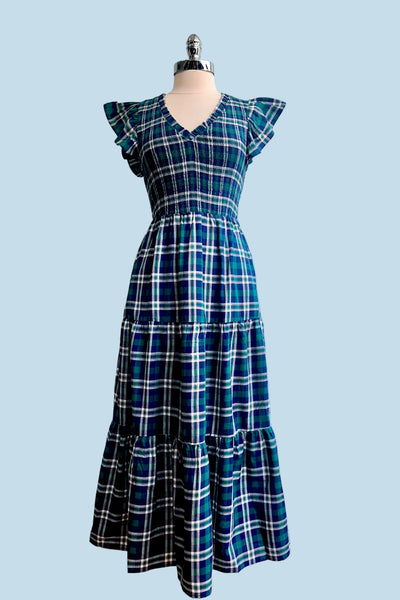 Buckley Plaid Sunfire Smocked Bodice Tiered Midi Dress Curve NAVY-GREEN / 3X