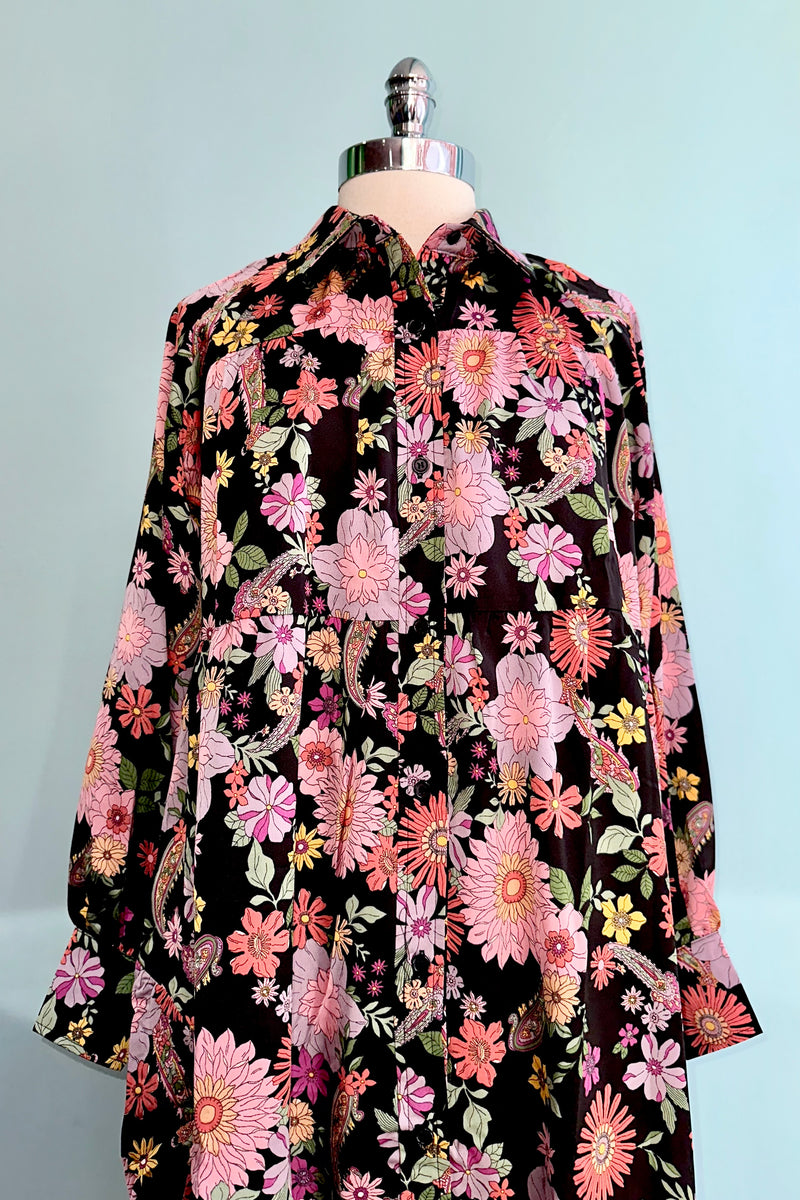 Final Sale Black Floral Satin Button Down Midi Dress