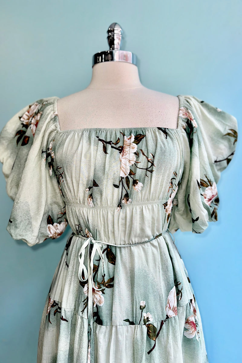 Mint Floral Puff Sleeve Midi Dress