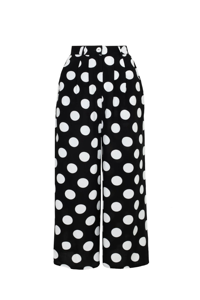 Dolores Wide Leg Cropped Pants in Black Polka-Dot by Hell Bunny