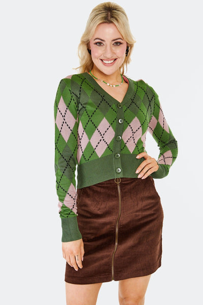 Green and Pink Argyle Cardigan by Voodoo Vixen – Modern Millie