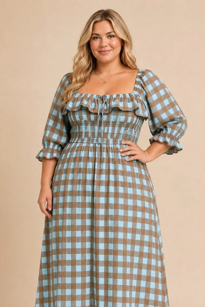 blue gingham dress plus size Cottage Smocked Maxi 2X-Large Color:Charcoal Gray YGroup_10873 Elvira Hancock Blue Dress The sweet collar adorned