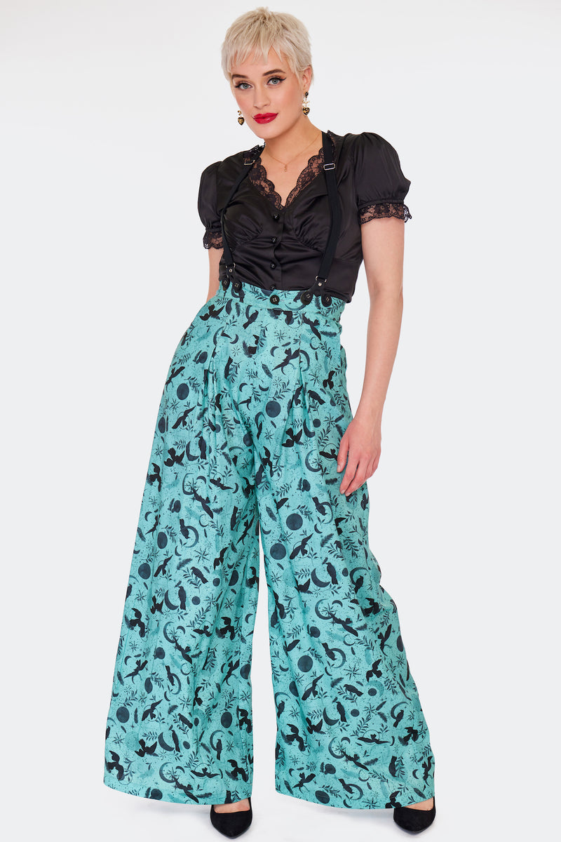 Crows and Moons Teal High Waisted Suspender Pants by Voodoo Vixen