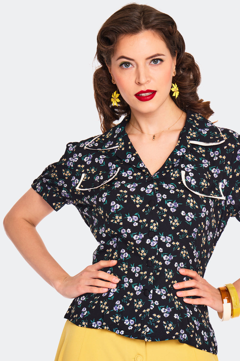 Ditsy Floral Layered Collar Button Up Top by Voodoo Vixen