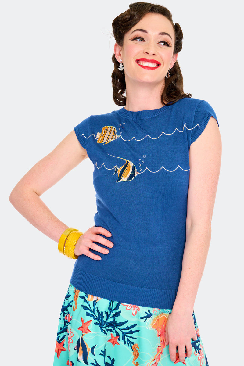 Swimming Fish Pullover Knit Top by Voodoo Vixen