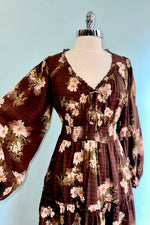 Brown Floral Long Sleeve Midi Dress