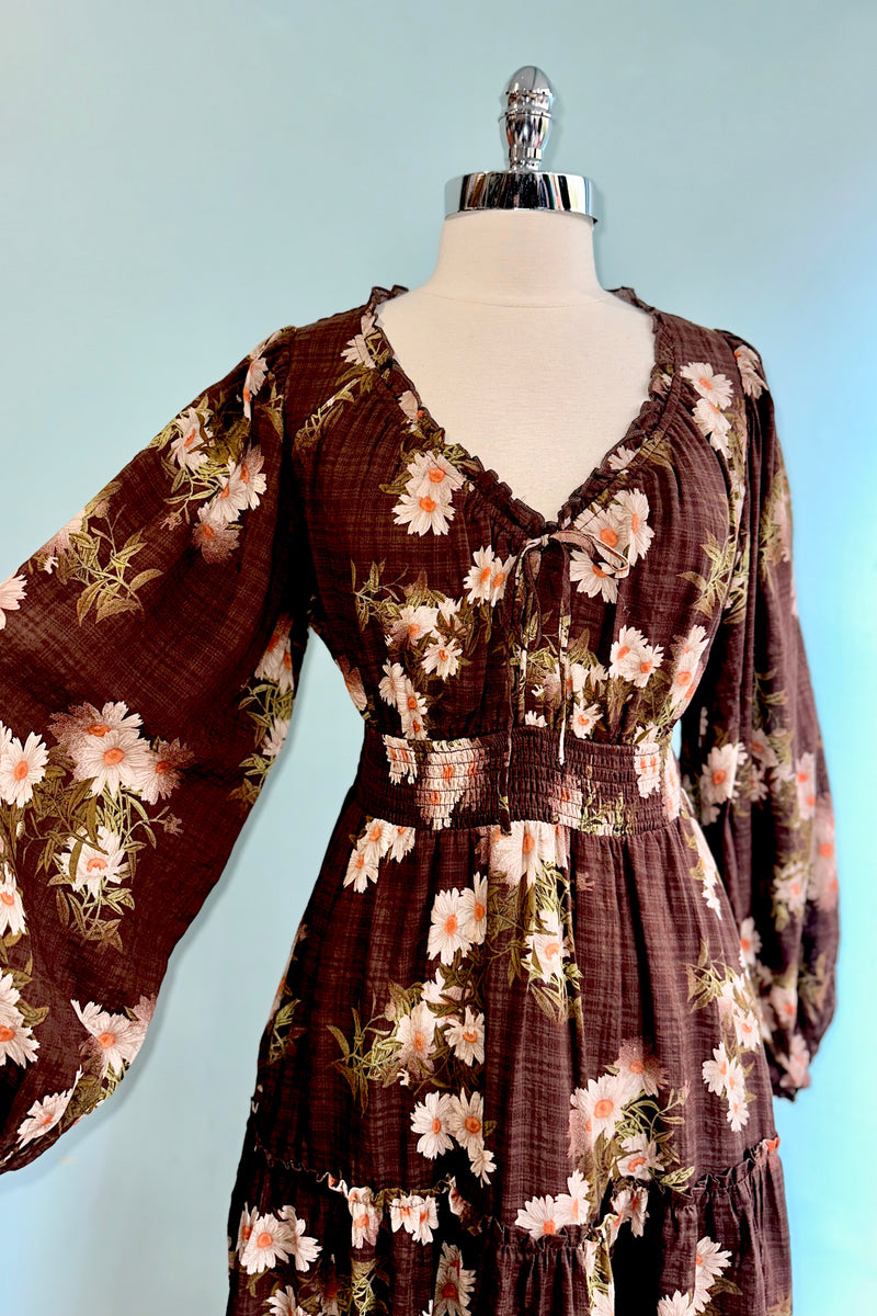 Brown Floral Long Sleeve Midi Dress