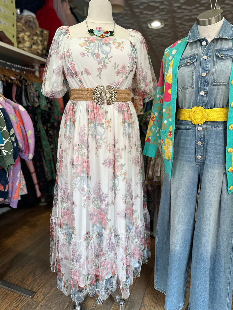 Floral Tulle Smocked Midi Dress