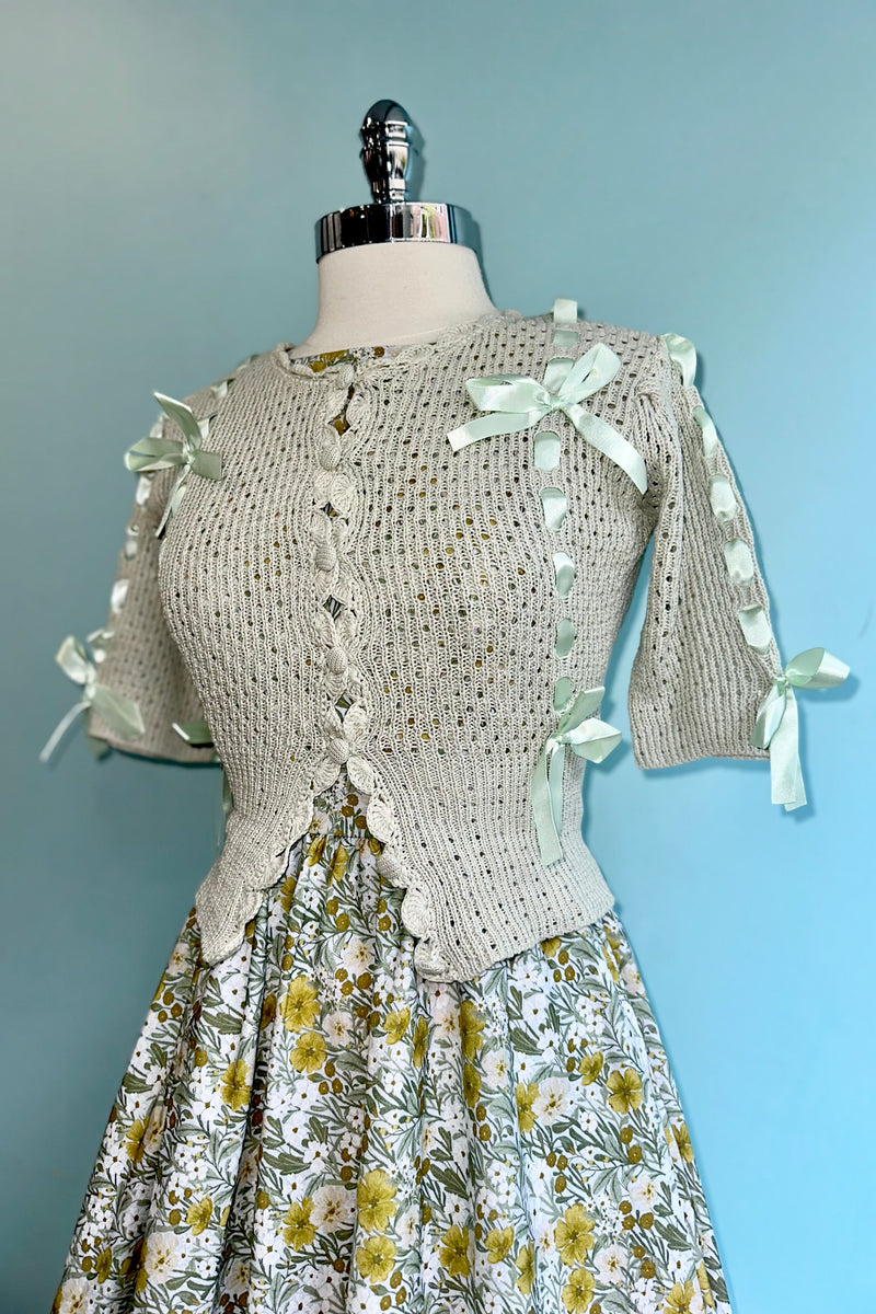 Mint Puff Sleeve Cardigan with Satin Bows