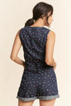 Denim and Floral V-Neck Vest