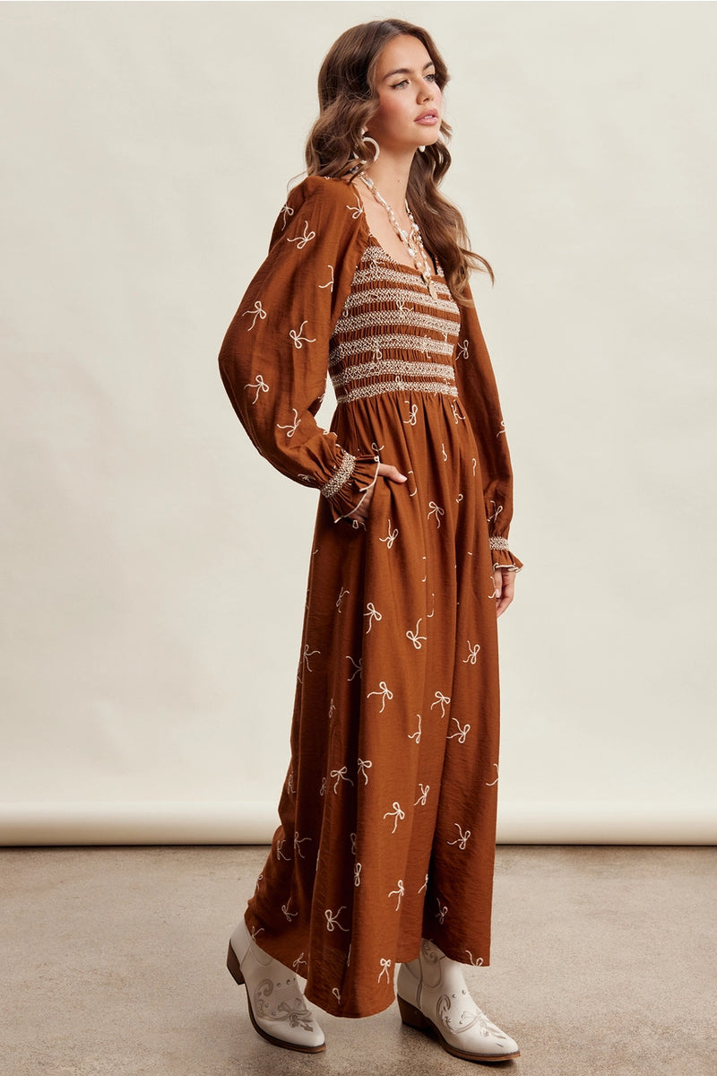 caramel brown dress Embroidered Bow Smocked Maxi – Modern Millie soft organic cotton and YCRF_PLAYSUITS-numeric COLOR:Pink Multi Vestido All Nighter Long